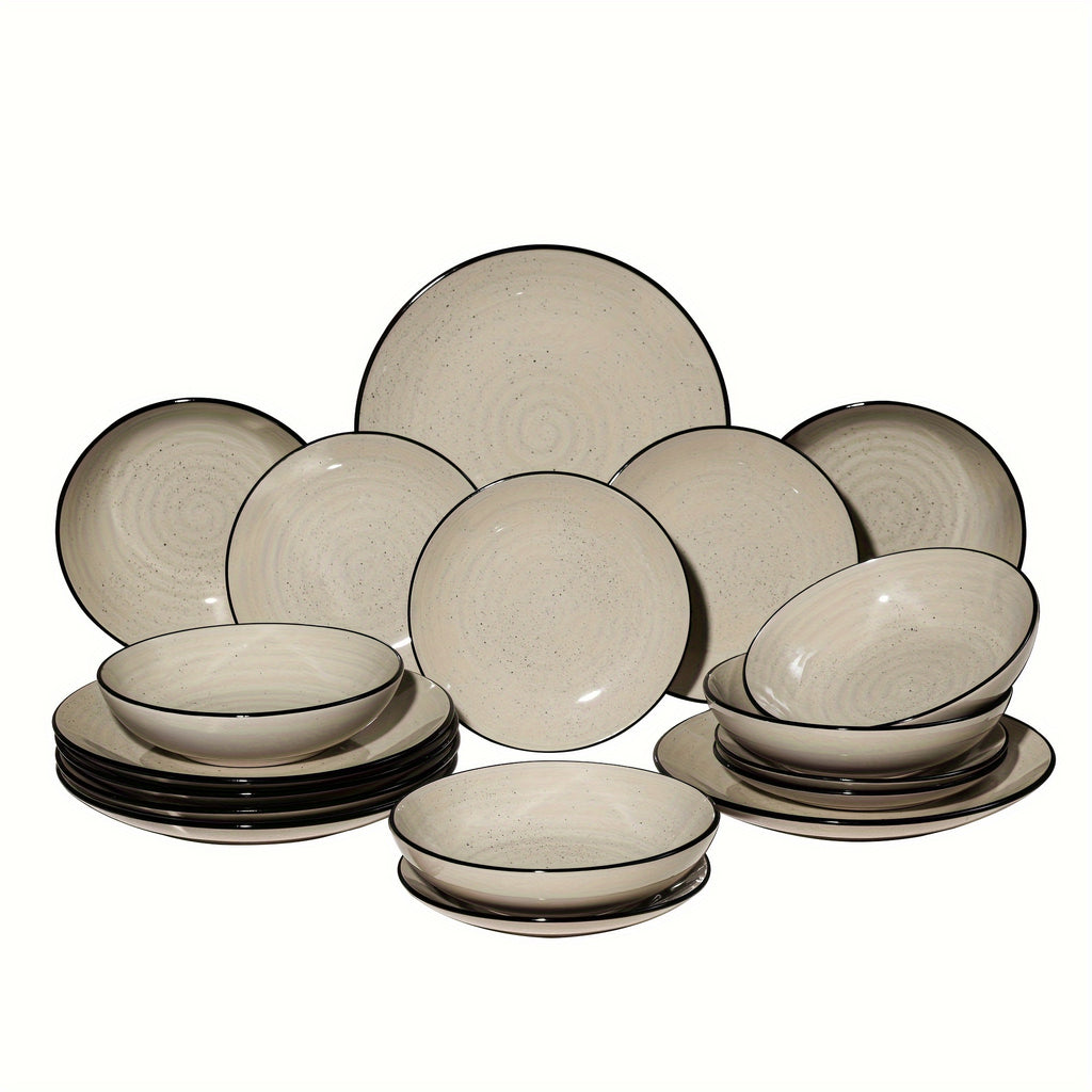 18-Piece Stoneware Dinnerware Set – Hand-Painted Spiral Design