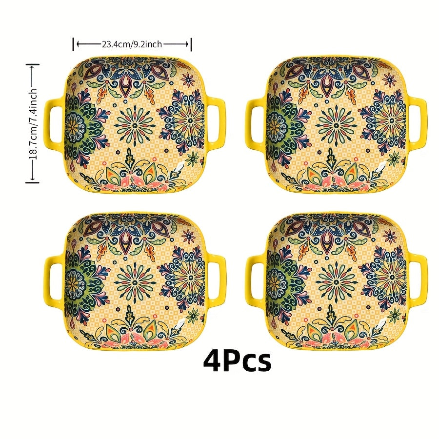 Bohemian Square Ceramic Salad Plates with Handles