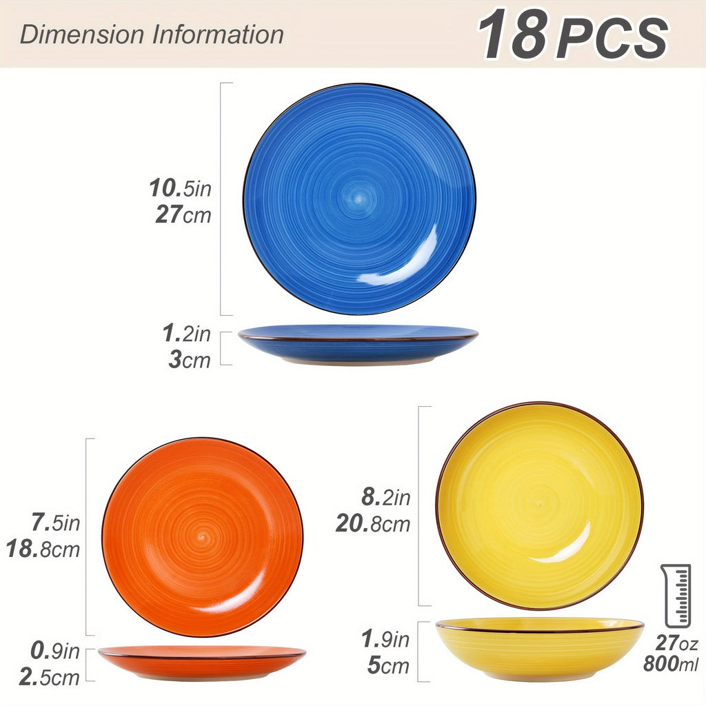 18-Piece Handpainted Stoneware Dinnerware Set – Multicolor Spiral Design (Service for 6)