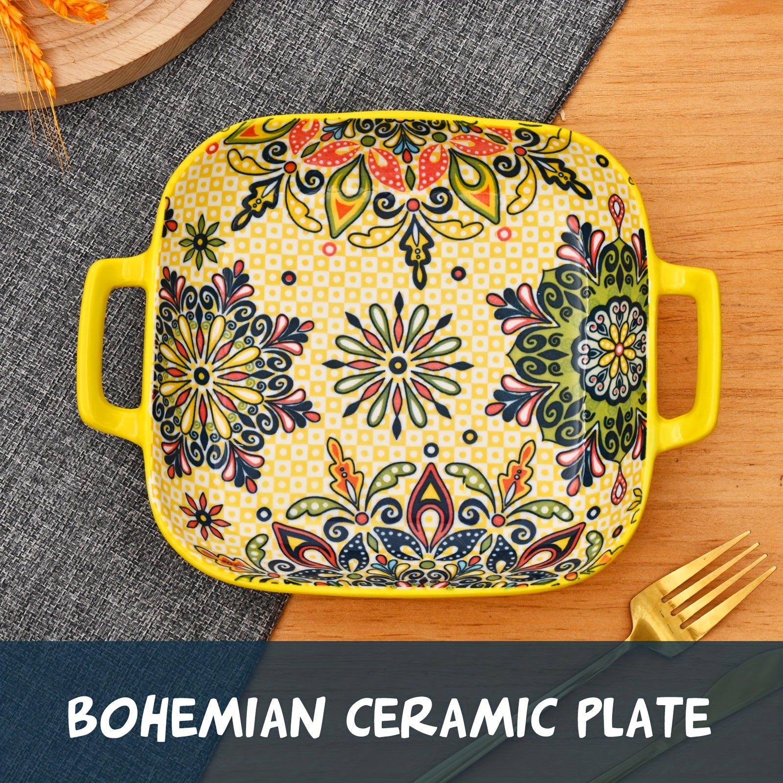 Bohemian Square Ceramic Salad Plates with Handles